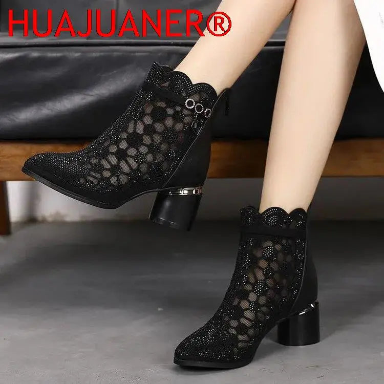 2025 Spring Summer Fashion Rhinestones Gauze Sandals Thick Heels Mesh Autumn Ankle Boots Female Hollow Women's Shoes