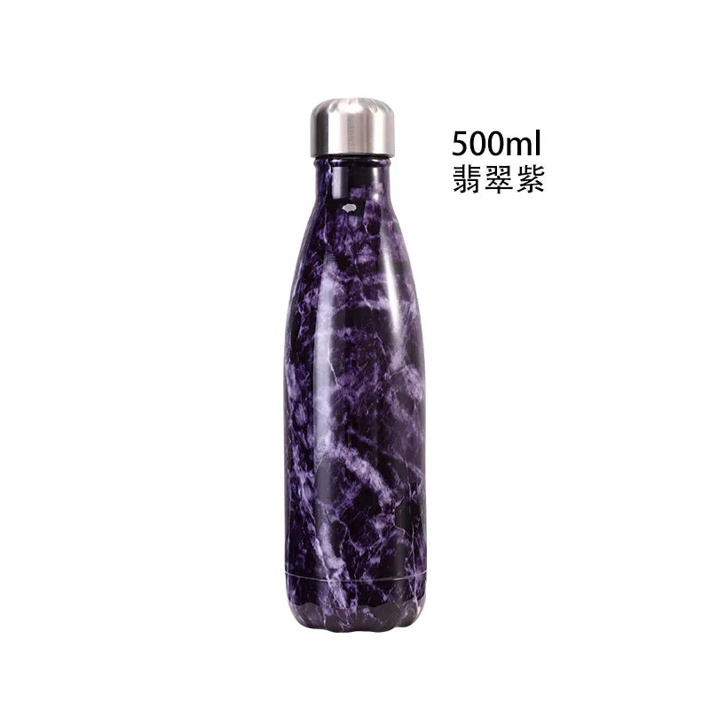 500ml Cola Shape Insulated Bottle, 304 Stainless Steel Vacuum Flask, Marble/Print Portable Water Bottle
