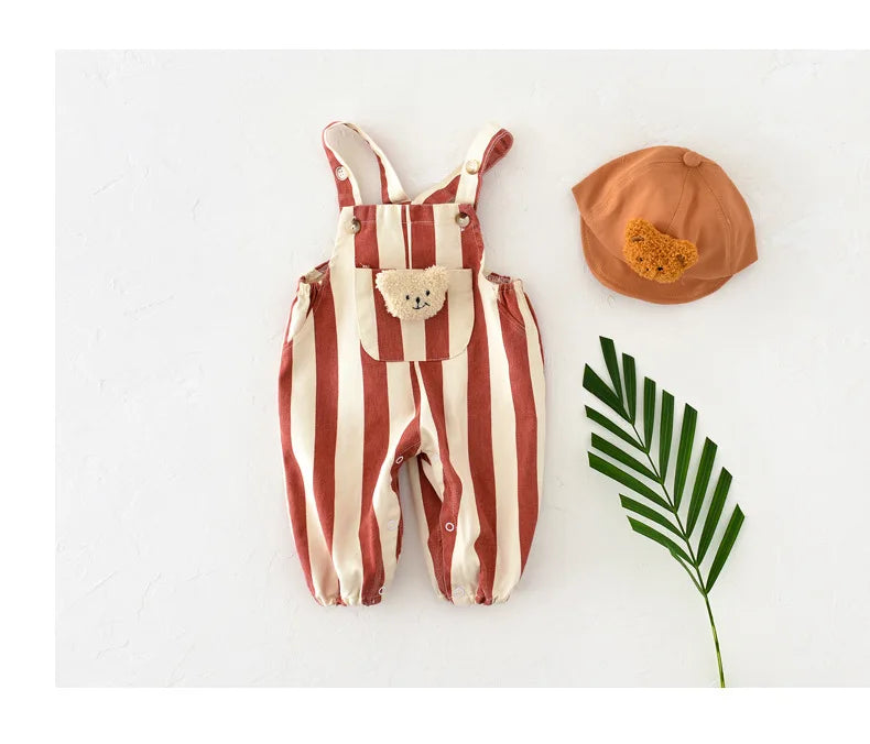 2026 Autumn New Stripe Infant Newborn Clothing Baby Boys Girl Straps Pants Overalls for 0-2Y Cartoon Bear One Piece Jumpsuit