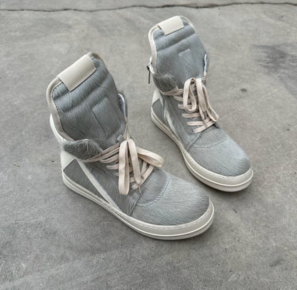 Ro Casual Shoes Men High Top Shoe Black Horse Hair Women Sneaker Black Horsehair Ankle Boot White Leather Boots Flat Sneakers