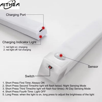 AITHEA USB Rechargeable PIR Motion Sensor LED Bar Lights Dimmable Detector Night Light Portable Induction Cabinet Lamp for Room