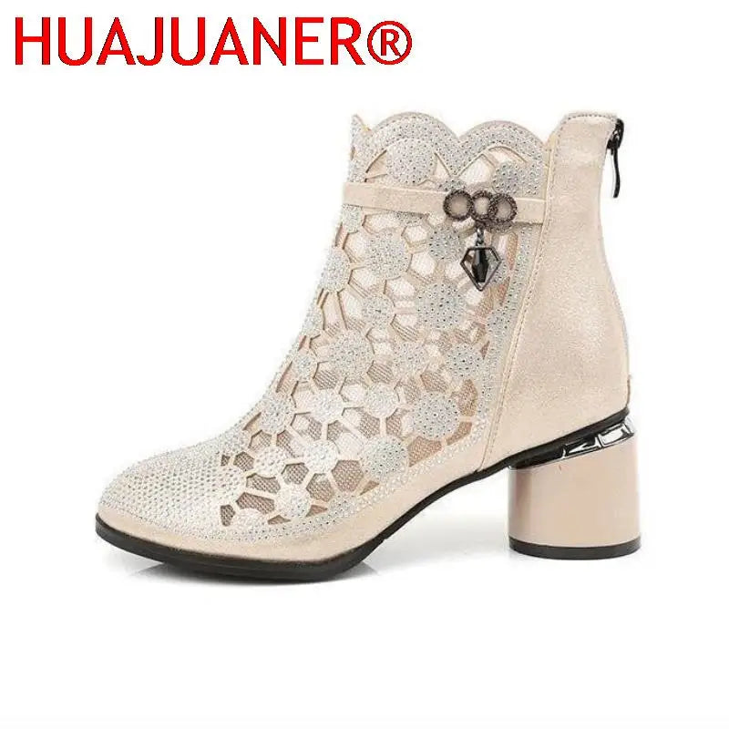 2025 Spring Summer Fashion Rhinestones Gauze Sandals Thick Heels Mesh Autumn Ankle Boots Female Hollow Women's Shoes
