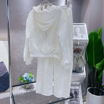 Fashion Pink Casual Suit for Women Autumn Winter New Gold Velvet Sequins Pearl Embroidery Sweatshirt Sports Pants Two-Piece Sets