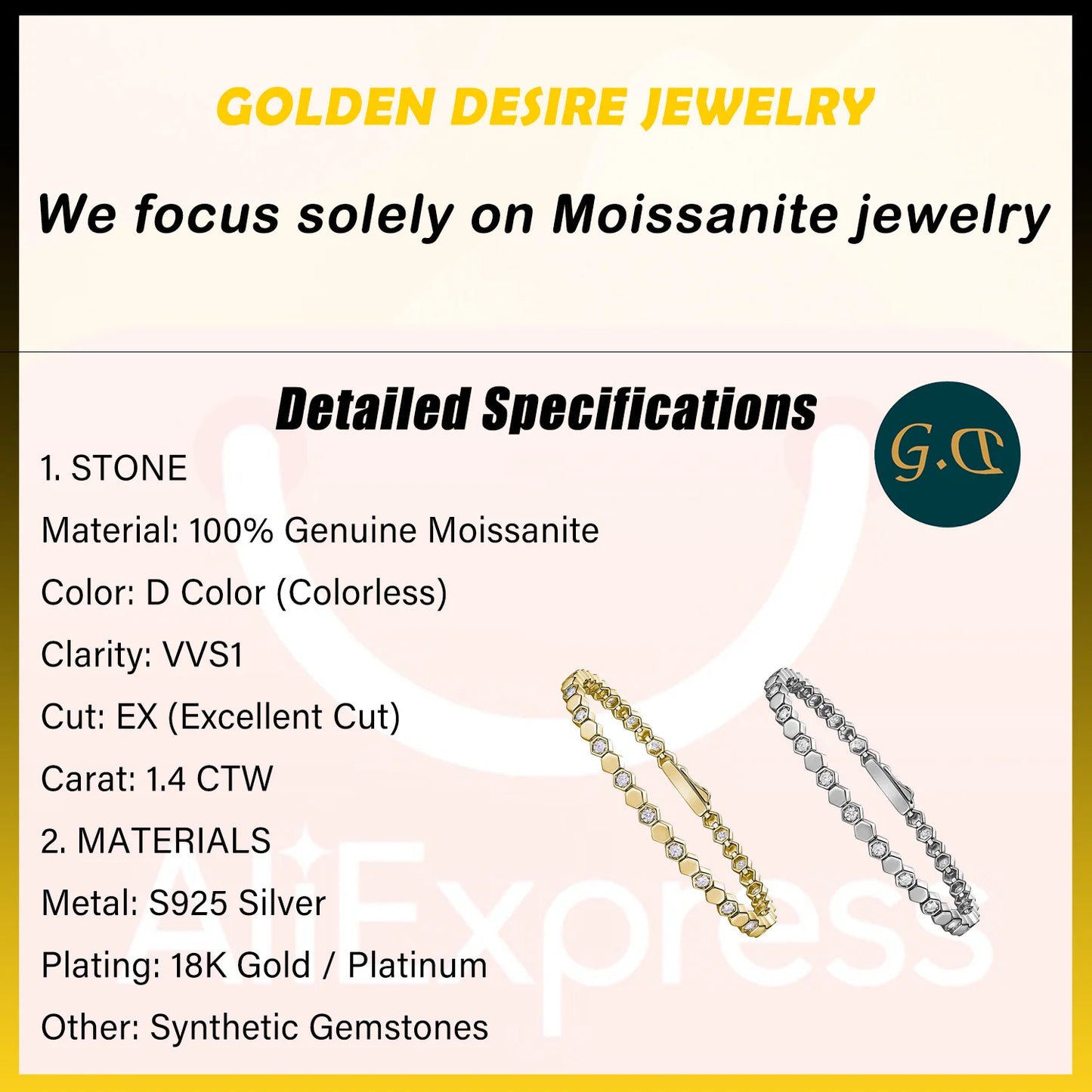 925 Sterling Silver 14K Gold Plated Moissanite Hexagon Tennis Bracelet for Women Color Sparkling Geometric Jewelry Gift