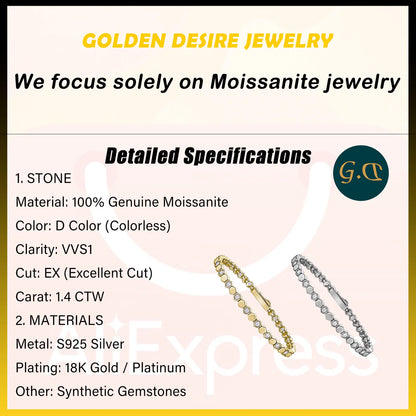 925 Sterling Silver 14K Gold Plated Moissanite Hexagon Tennis Bracelet for Women Color Sparkling Geometric Jewelry Gift