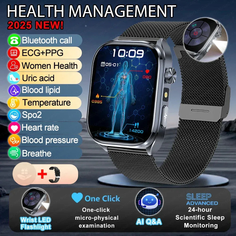 New Uric Acid Blood Lipids AI-GPT ECG Smartwatch Micro Physical Examination Body Analysis Men BT Call LED Flashlight Smartwatch