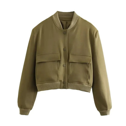 EDSA Woman Bomber Jacket White Autumn Winter Button Cropped Jackets for Women Fashion Long Sleeve Crop Outerwear