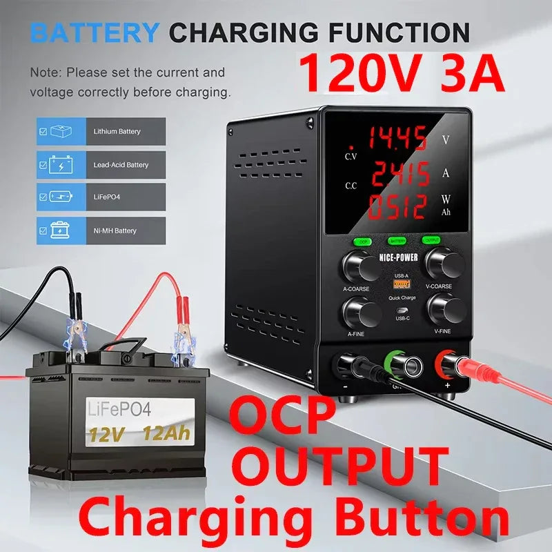 NICE POWER Adjustable DC Power Supply 12V/24V Lead-acid Battery Charging Auto-Stop When Full Reverse Polarity Protection Source