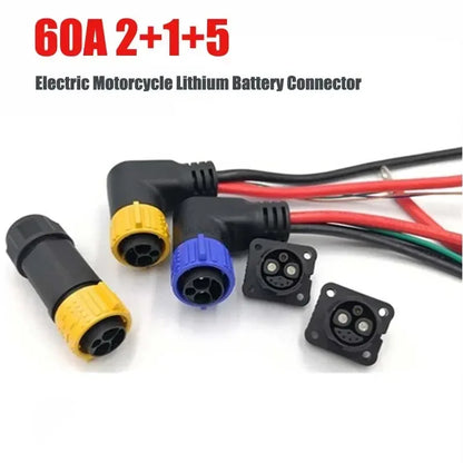 60A 2+1+5 Lithium Battery Waterproof Connector IP67 M25 E-bike Electric Motorcycle Charging Power Plug Socket CE UL Certified