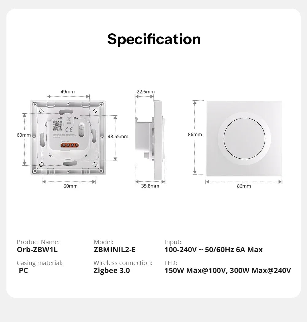 SONOFF Orb-ZBW1L Zigbee Smart Wall Switch Fusion Series ZBMINIL2-E No Neutral Required Seamless Integration With Home Assistant