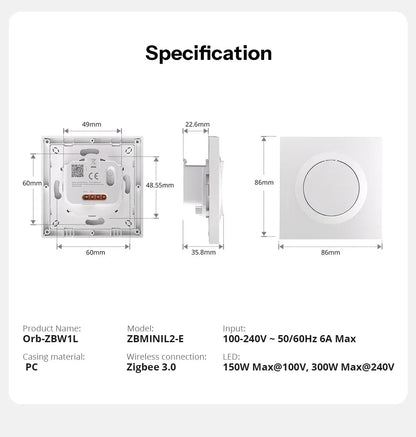 SONOFF Orb-ZBW1L Zigbee Smart Wall Switch Fusion Series ZBMINIL2-E No Neutral Required Seamless Integration With Home Assistant
