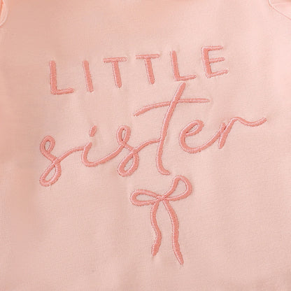 Summer unisex baby pink short-sleeved letter-print romper, shorts, bow hair accessory and belt – 4-piece set
