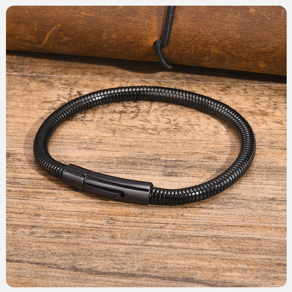 Vnox 5mm Round Snake Chain Bracelets for Men Women Black Silver Color Waterproof Cocoon Links Wristband Simple Cool Jewelry