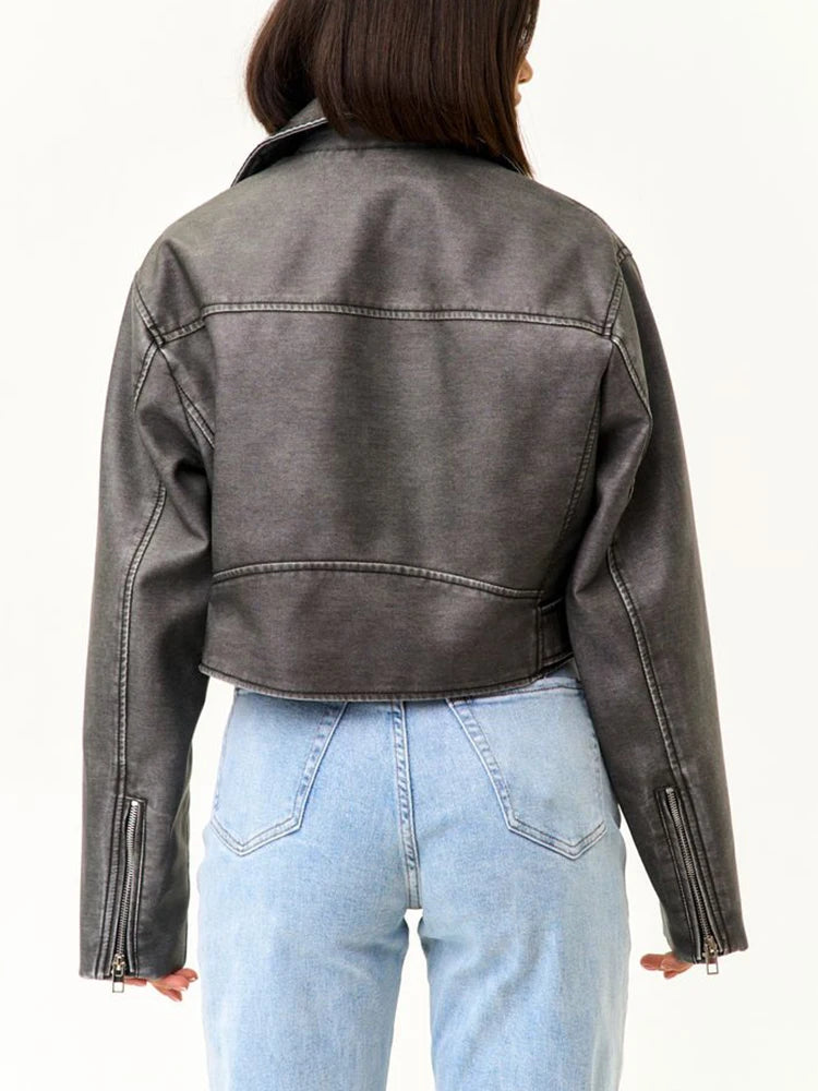 Veste courte ample vintage pour femme Ailegogo en similicuir PU, style vintage, idéale pour le printemps et l'automne. Fermeture éclair et ceinture intégrées. Manteau motard.