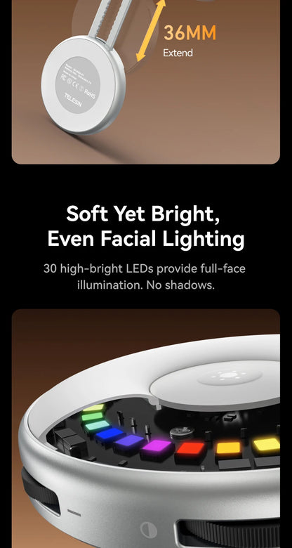 TELESIN Magnetic 360° Rotation RGB Fill Light Mini Selfie Light 3 Mode Adjustable Color Brightness for Smartphone Iphone Android