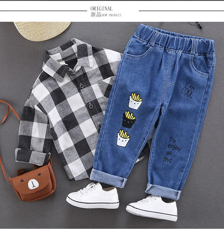 Spring Autumn Children Jeans  Boys Cotton Print Splice Stretch Denim Pants Korean Teenage Trousers Wear Kids ClothingDenimRipped