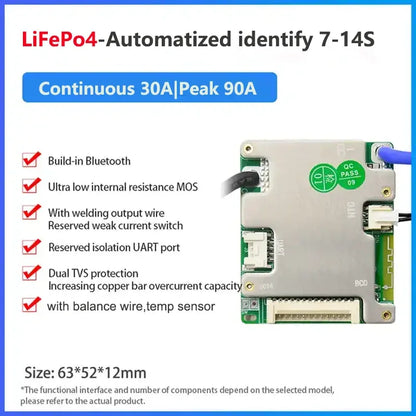 JBD BMS Auto-Identify 7S 8S 10S 12S 13S 14S 20A 30A 40A 50A LiFePo4 Smart BMS 24V 36V 48V Battery Management System for E-Bike