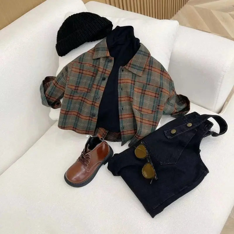 Korean Children's Clothing Girl Boys Suspender Pants+ Checkered Shirt Set Girls Baby Shirt Outfits Spring Autumn Kids Jeans Sets