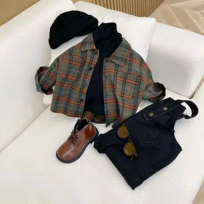 Korean Children's Clothing Girl Boys Suspender Pants+ Checkered Shirt Set Girls Baby Shirt Outfits Spring Autumn Kids Jeans Sets