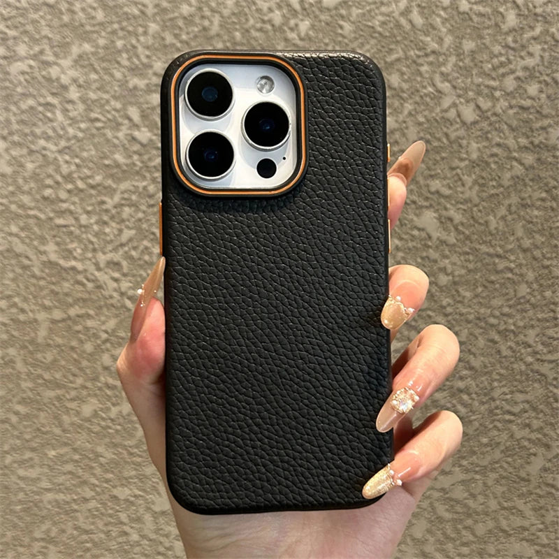 Luxury Business Lichee Pattern Leather Texture TPU Case For iPhone 16 15 14 13 12 11 Pro Max 16 Plus Shockproof Matte Soft Cover