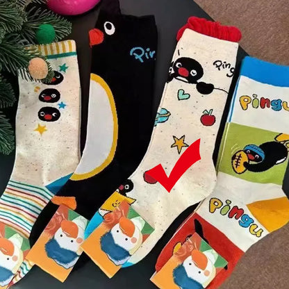 1/2Pairs Autumn and Winter Season Trendy Cartoon Cute Original Versatile Animal Colorful Pattern Simple Penguin Middle Socks