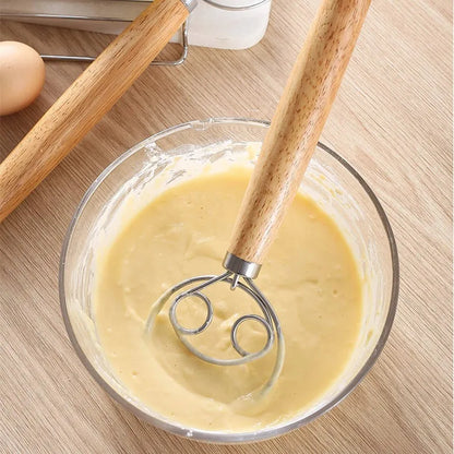 304 Stainless Steel Dough Whisk with Smooth Wooden Handle Sourdough & Bread Mixing 13 Inch Danish Dough Whisk Bread Tools