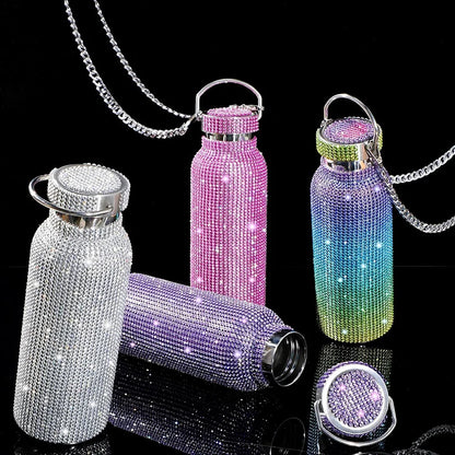 350/500/750/1000ml Luxury Rhinestone Thermos Bottle 2pcs Chain Portable Water Bottle Double Wall Stainless Steel Thermal Flask