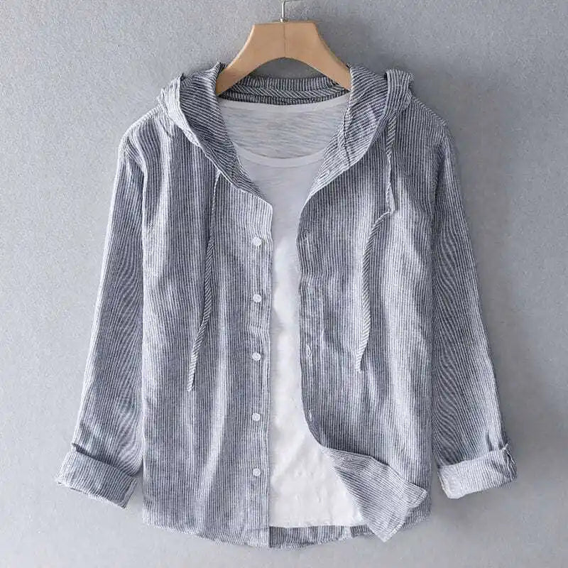 Spring Summer New Hooded Long-sleeved Solid Inen Shirt Trendy Men's Thin Loose Youth Fashionable Cotton Linen Sunscreen Shirt