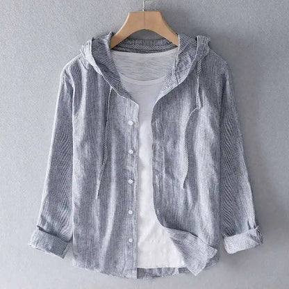 Spring Summer New Hooded Long-sleeved Solid Inen Shirt Trendy Men's Thin Loose Youth Fashionable Cotton Linen Sunscreen Shirt