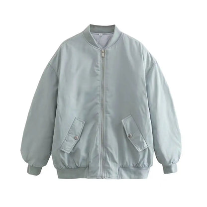 Retro Solid Zipper Cotton Jackets Women Casual Loose Bomber Jacket With Oblique Pockets Female Y2k Autumn Chic Street Outwear