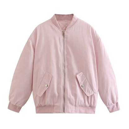 Retro Solid Zipper Cotton Jackets Women Casual Loose Bomber Jacket With Oblique Pockets Female Y2k Autumn Chic Street Outwear