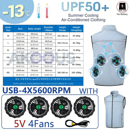 AKOOUS 12V/5V USB 4 Fans Cooling Vest Men Wearable Air Conditioned Clothes for Outdoor Work Fishing Hiking Loose Cool Vest