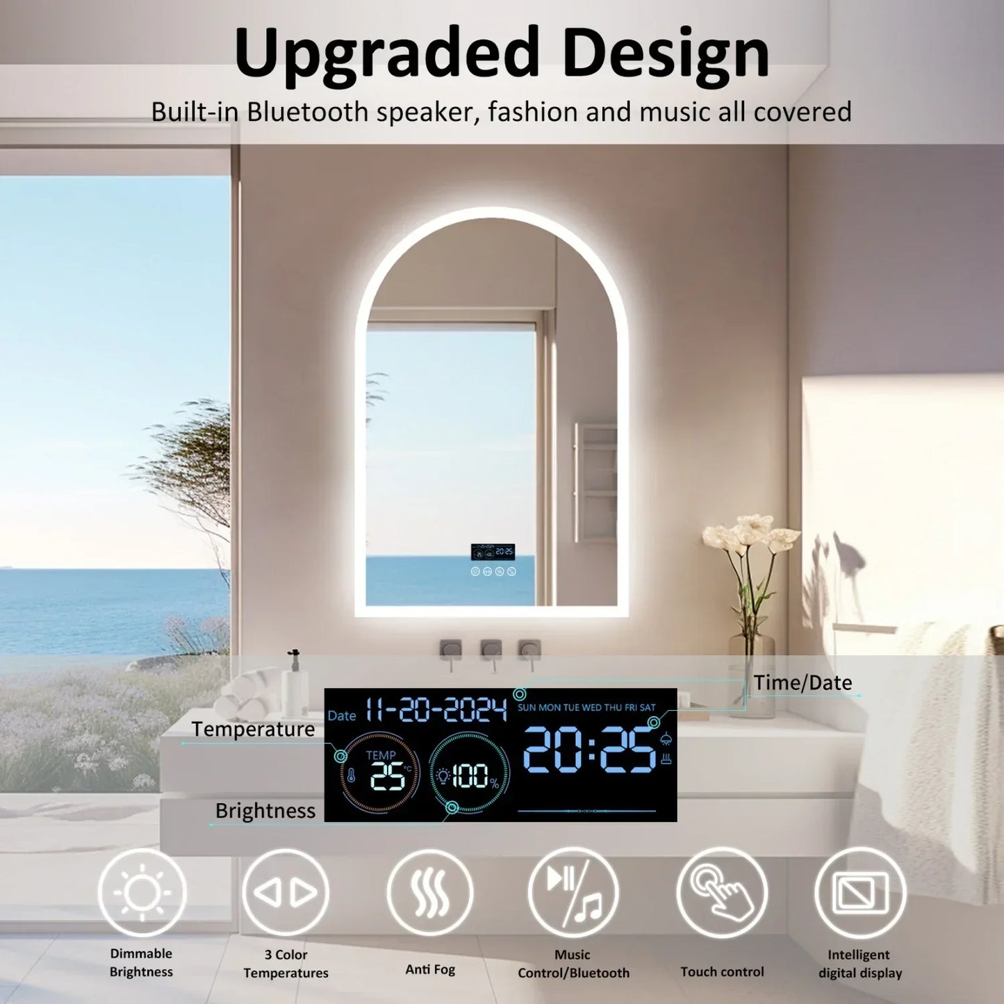 60x90CM Arched LED Mirror for Bathroom Backlight Wall Vanity Mirror w/ Bluetooth, Date and Time, Touch Antifog, Digital Display