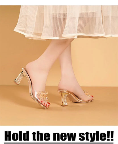 2023 Summer Square Head Open Toe Fashion Transparent Soft Flower Women's Slippers Crystal Heel New High Heel Sandals