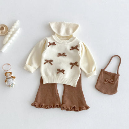 Baby Girl 3-Piece Knitted Outfit Set  Autumn Cute Bowknot Cream Sweater + Brown Ruffle Flared Pants + Mini Bag Girls Clothing