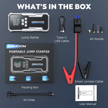 26800mAh Jump Starter with Air Compressor 4000A Booster Tyre Inflator Portable Car Battery Power Bank Charger Air Pump