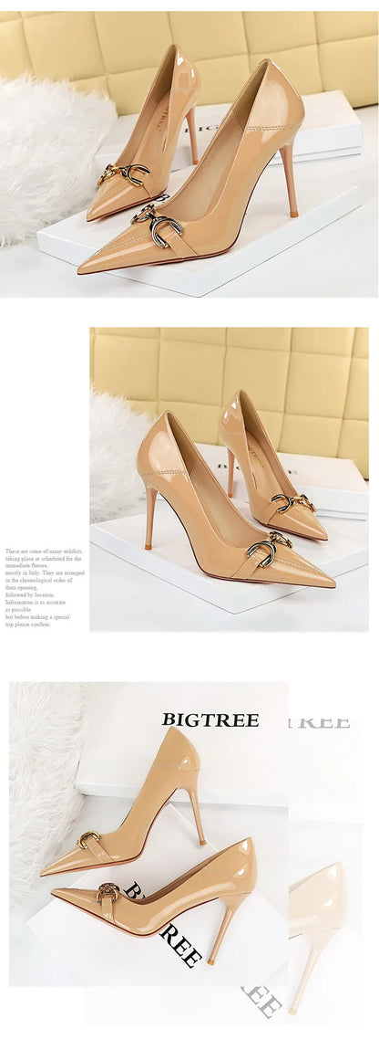 Luxury Design Women 10cm High Heels Metal Buckle Green Pumps Lady Plus Size Wedding Stiletto Heels Party Nude Replica Prom Shoes