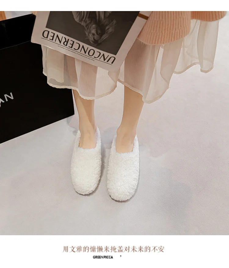 Big Size 43 Women Lambswool Slippers Winter Sheep Fur Shoes Ladies Flat Cotton Slides Home Pantuflas Daily Slip On Furry Mules