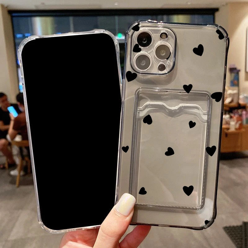 Case For iPhone 16 15 14 13 12 11 Pro Max Black White Love Heart Clear Phone Cover For iPhone XS X 7 8 Plus Wallet Card Bag Case