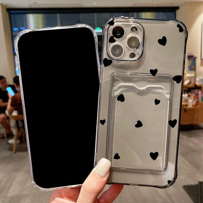 Case For iPhone 16 15 14 13 12 11 Pro Max Black White Love Heart Clear Phone Cover For iPhone XS X 7 8 Plus Wallet Card Bag Case