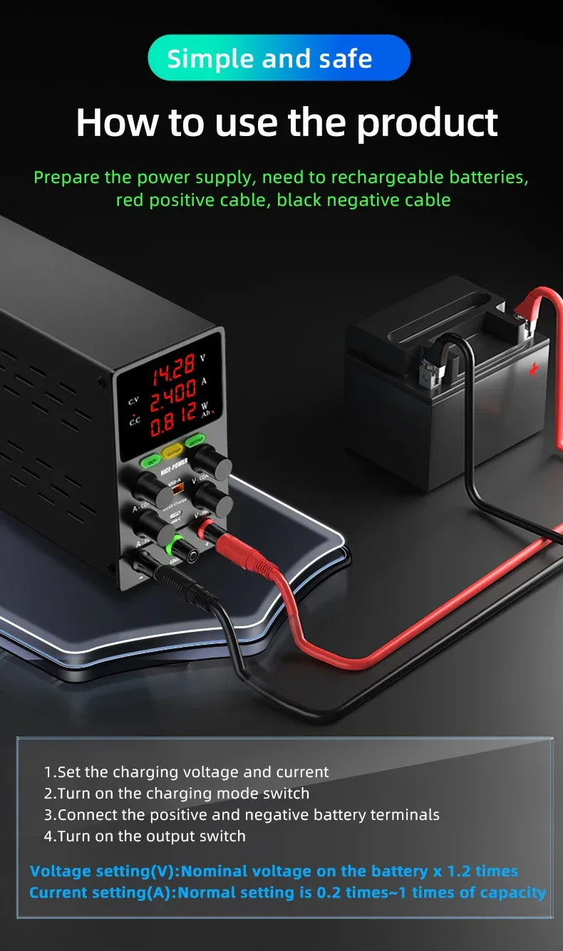NICE POWER Adjustable DC Power Supply 12V/24V Lead-acid Battery Charging Auto-Stop When Full Reverse Polarity Protection Source