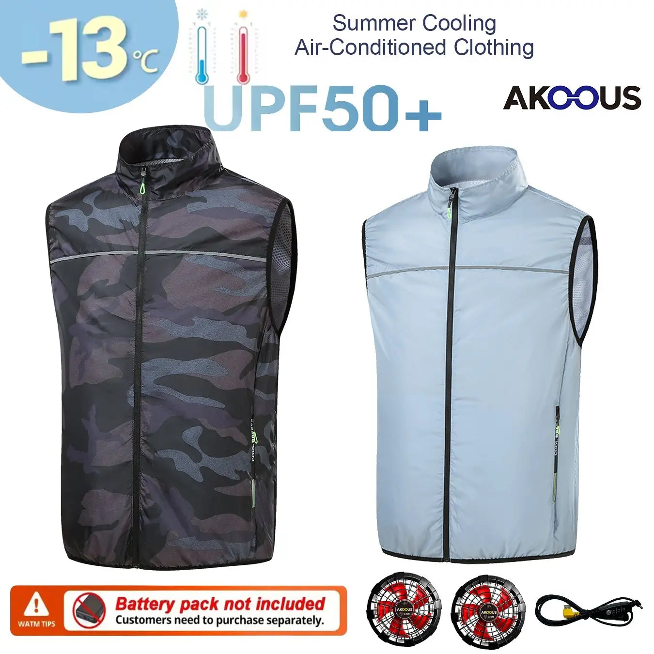 AKOOUS 12V/5V USB 4 Fans Cooling Vest Men Wearable Air Conditioned Clothes for Outdoor Work Fishing Hiking Loose Cool Vest
