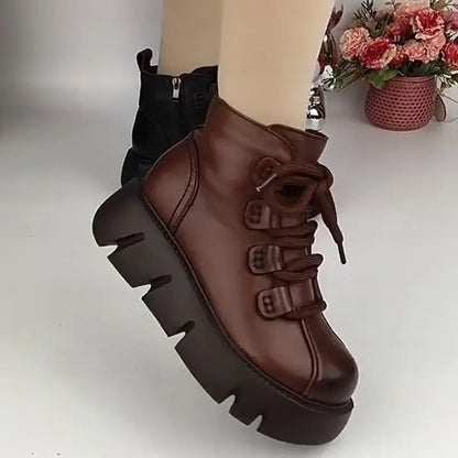 Womens Snow Boots 2025 Winter New Platform Cotton Shoe Retro Black/Brown Round Toe Lace-up Zipper Modern Motorcycle Boot