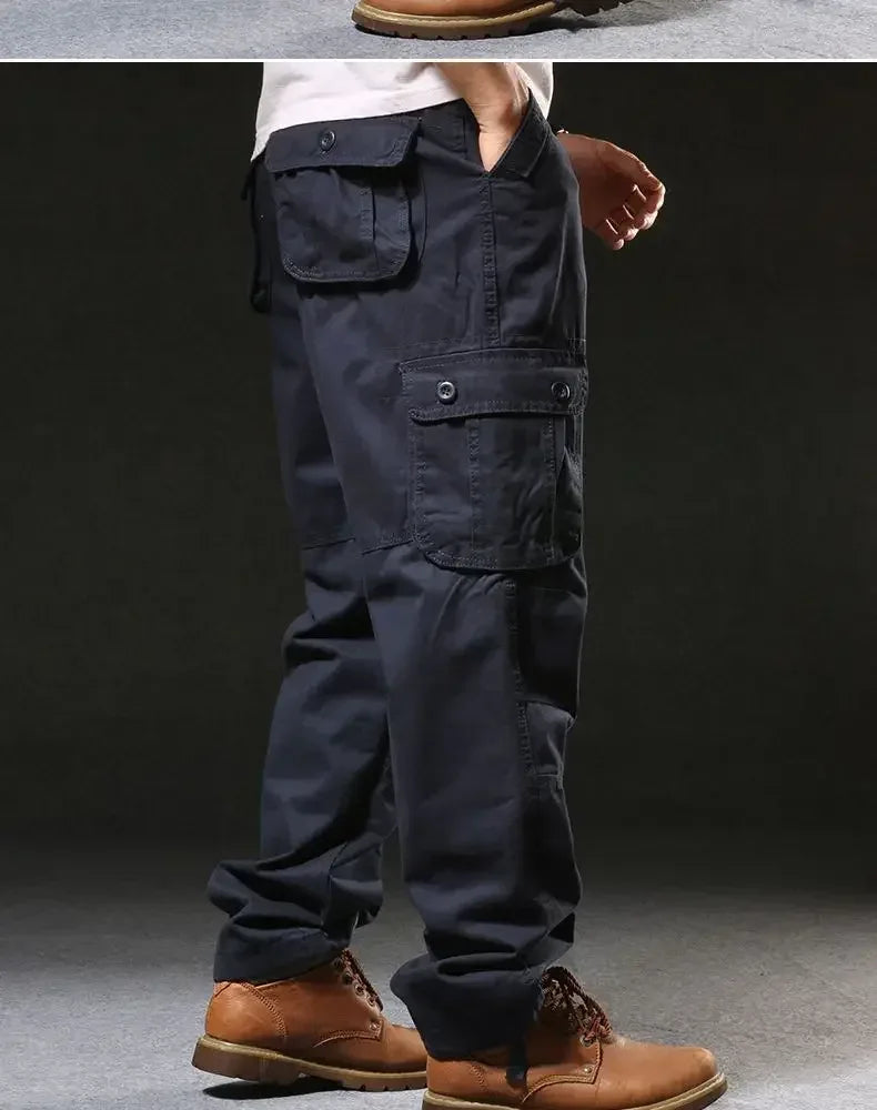Cross-Border Men's Cargo Pants Spring Autumn Loose-Fit Pure Cotton Multi-Pocket Plus Size Straight-Leg Casual Pants