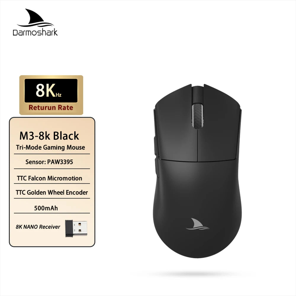 Darmoshark M3 Gaming Mouse Dual Mode 8K Wireless Tri-Mode PAW3395 Big Hand Macro Game Mouse 26000 DPI Lightweight Mice