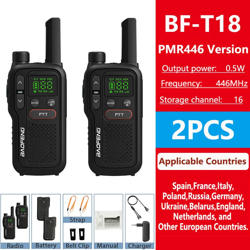 PMR446 BF-T18 Handheld  PMR Walkie Talkie Radio Station Transmitter 1500mAh Wireless Device Long Range Two Way Radios Flashligh
