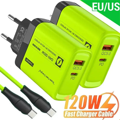 120W USB C 2Ports Charger Kit Green Wall Plug EU/US Adapter Fast Charging For iPhone iPad Samsung Xiaomi USB Type C Data Cables