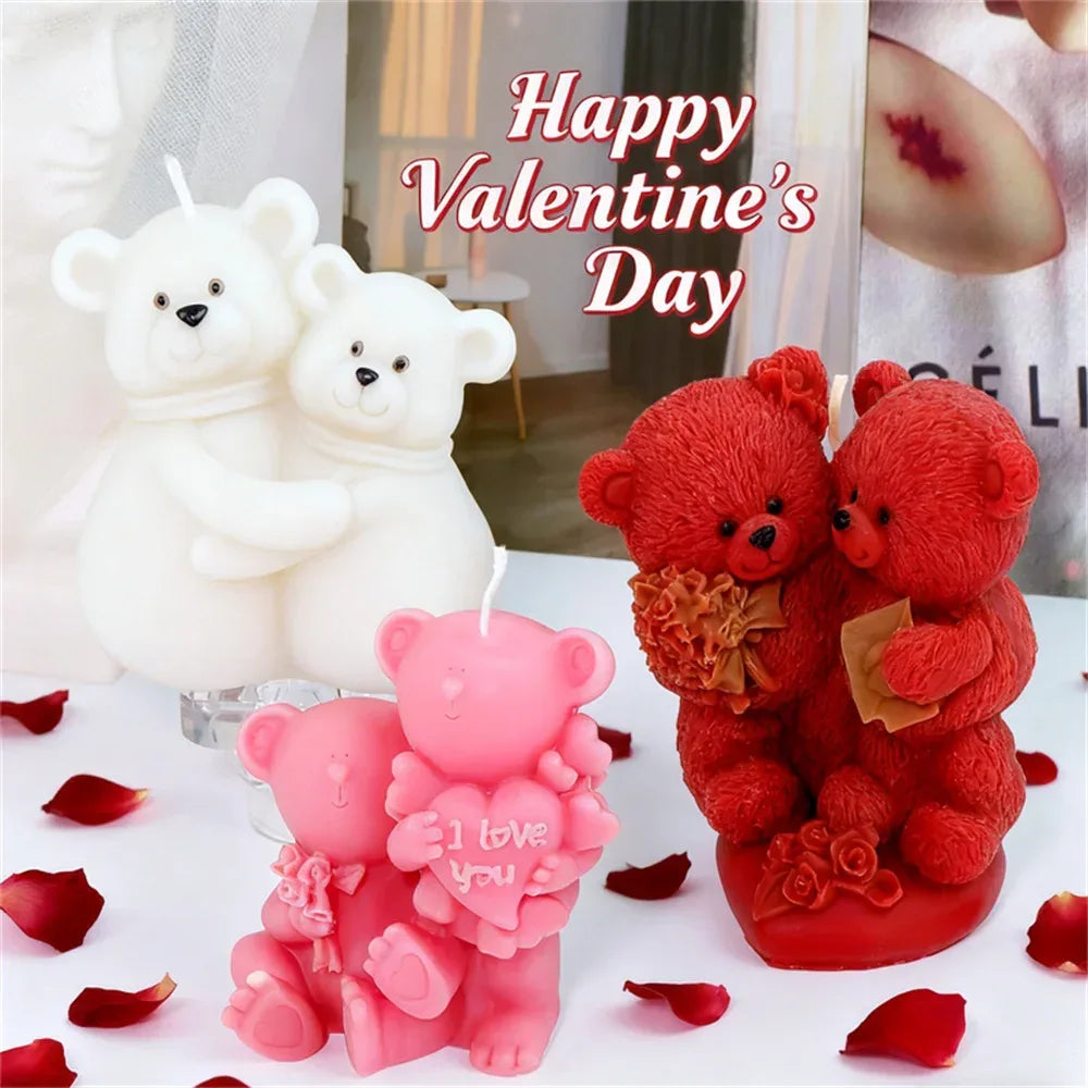 Couple Bear Candle Mold Couple Embrace Bear Silicone Mold 3D Teddy Bear Candle Making Mold for Valentine's Day Birthday Gift