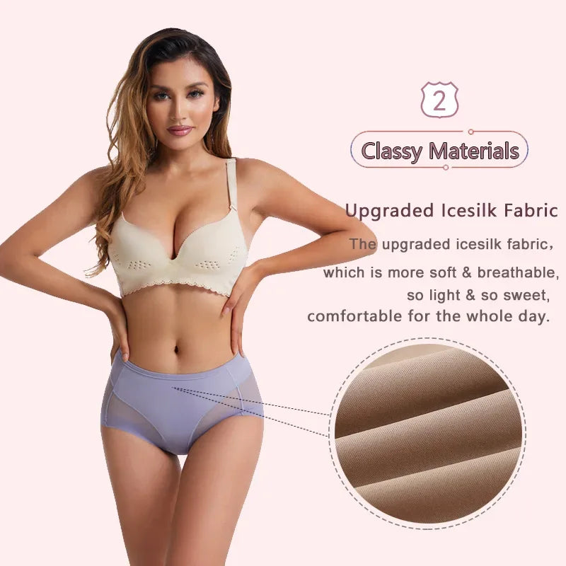 Ice Silk Women Underwear Panties Transparent Mesh Gauze Corset Waist Slimming Black Briefs Female Trainer Shaping Underpants2024