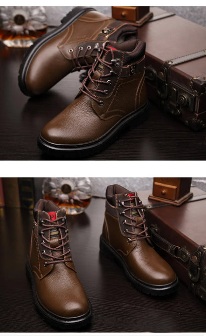 2025 Man's Genuine Leather Boots Winter Snow Shoes Wool Inner Anti Slip Father Ankle Boots Waterproof Man Snow Boots
